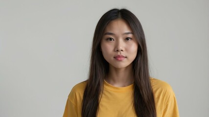 Obraz premium teen stunning brunette east asian woman with yellow shirt model portrait standing straight on a plain white background for ad concept space for text