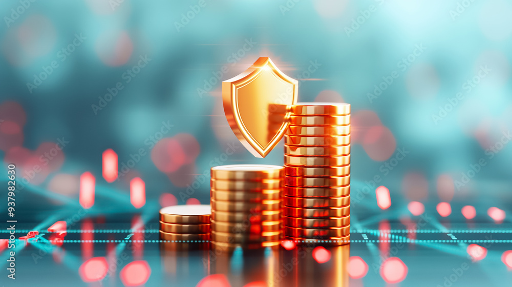 Poster golden coins are stacked next to a shield, representing financial security and protection in a digit