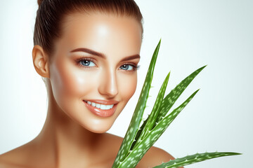 Naklejka premium Woman with moisturized skin against the background of aloe Vera leaves, sale cosmetic products , organic plant soothes, regenerates and rejuvenates the skin, care for youth every day