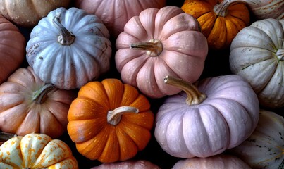 Banner with  colorful collection of small decorative pumpkins. The pumpkins are arranged in a tight pattern, showcasing the diversity of textures and colors