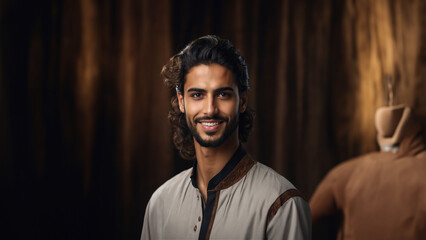 Confident and charismatic Saudi Arabian man with a warm smile and natural beauty. Brunette hair and flawless skin complement his captivating gaze