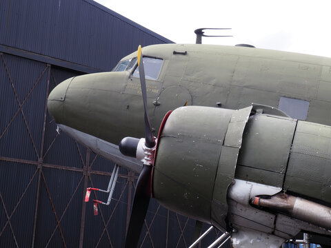 Elvington, Yorkshire, United Kingdom - 11 07 2023: Close up of the front of an RAF C47 transport aircraft the military version of the douglas DC3 airliner