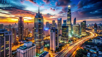 Fototapeta premium Modern urban landscape with sleek skyscrapers, busy streets, and vibrant nightlife, blending into a seamless, futuristic cityscape with infinite possibilities and opportunities.