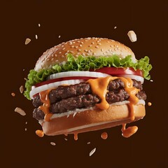 Floating Burger with Juicy Cheese and Sauce Splash on Dark Background