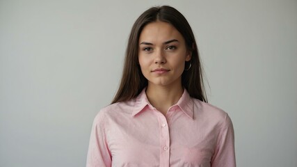 Obraz premium teen stunning brunette finnougric woman with pink shirt model portrait standing straight on a plain white background for ad concept space for text