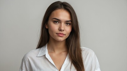 Fototapeta premium teen stunning brunette finnougric woman with white shirt model portrait standing straight on a plain white background for ad concept space for text