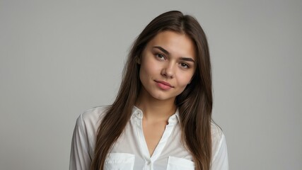 Fototapeta premium teen stunning brunette finnougric woman with white shirt model portrait standing straight on a plain white background for ad concept space for text