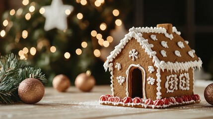A gingerbread house is decorated with icing and sits on a table next to a Christmas tree. The house is surrounded by several gold and silver ornaments, including a star and a ball