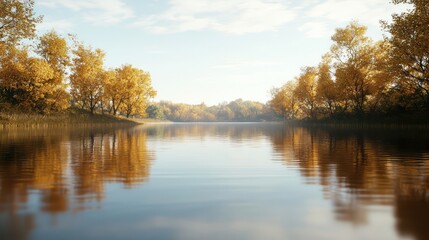 Fototapeta premium A serene lake with trees in the background. The water is calm and the trees are in full autumn color