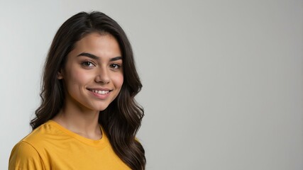 Fototapeta premium teen stunning brunette hispanic woman with yellow shirt model portrait standing straight on a plain white background for ad concept space for text