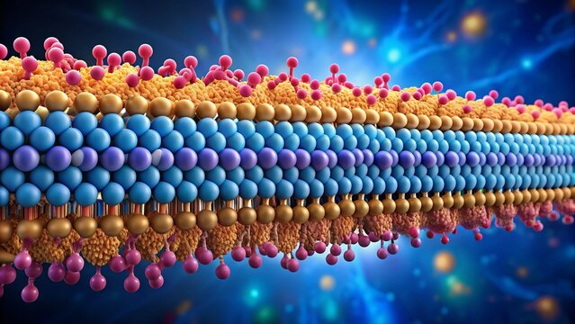 Molecular model of a lipid bilayer, a thin biological membrane composed of two layers of lipid molecules, essential for cell structure and function.