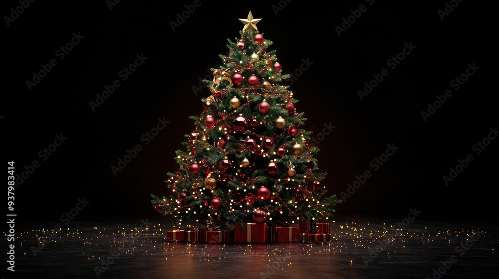 Wall mural a large christmas tree with many ornaments and a star on top. the tree is lit up and surrounded by a