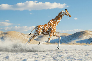 hyper realistic Giraffe running on background track beautiful background