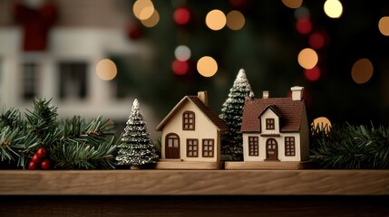 A Christmas tree with three houses on top of it. The houses are wooden and have a cozy, festive feel