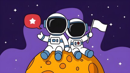 Adorable Cartoon Vector Icon Illustration of an Astronaut Pointing Star with a Baby Astronaut on the Moon.