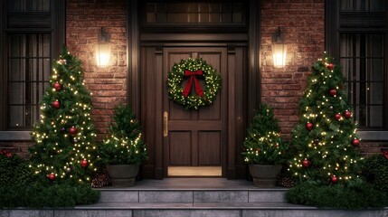 A wreath is hanging on the front door of a house with a Christmas tree in the foreground