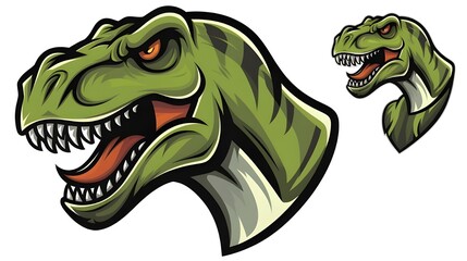 Obraz premium Dino Trex, the mascot head of an e-sports team, is featured in this vector illustration of a green dinosaur head logo for sports teams.