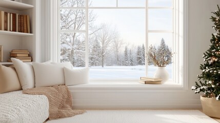 A cozy living room with a white couch, a white chair, and a white window. The window has a view of a snowy field