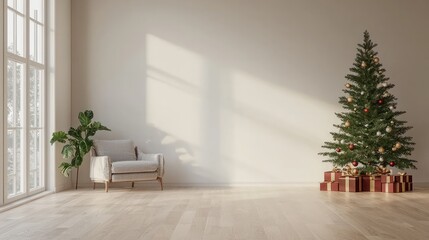 Fototapeta premium A large white room with a white chair and a large Christmas tree. The room is empty and the tree is decorated with ornaments