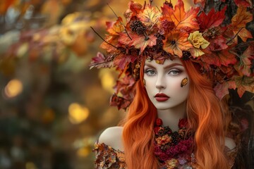 a woman with red hair and leaves on her head