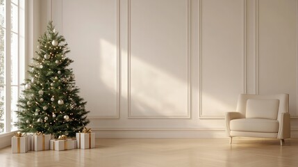 A white room with a large Christmas tree and a white chair. The room is empty and the tree is decorated with lights and ornaments