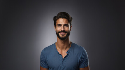 Obraz premium Radiant young Mexican man with flawless skin and natural beauty. Brunette with neat hair and a warm smile, gazing confidently at camera. Studio shot, perfect for beauty and cosmetic campaigns
