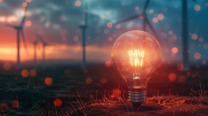 A glowing lightbulb against a blurred background of wind turbines.