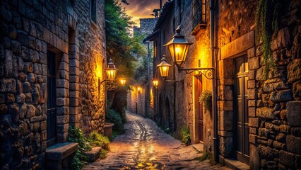 Obraz premium Mysterious dimly-lit alleyway with ancient stone walls, flickering lanterns, and subtle shadows, evoking a sense of eerie curiosity and whispering secrets.