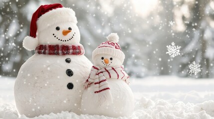 Fototapeta premium Two snowmen, one wearing a red and white scarf, stand in the snow. The scene is set in a winter landscape with snowflakes falling from the sky. The snowmen appear to be smiling, creating a cheerful