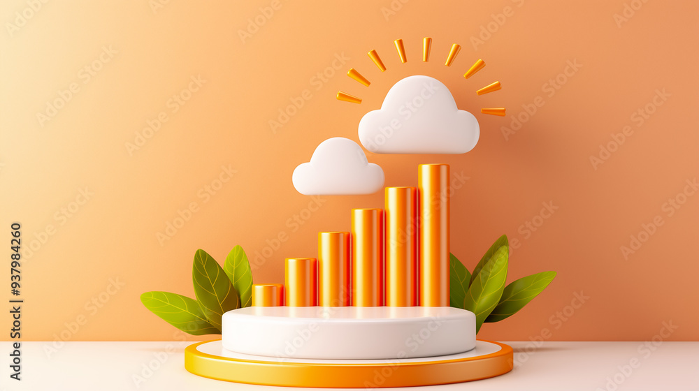Poster a cheerful bar graph displays rising values with clouds and a sun backdrop. the vibrant colors symbo