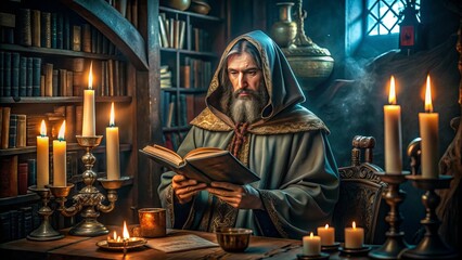 Mysterious sorcerer surrounded by ancient tomes, candles, and mystical artifacts in a dimly lit, velvet-draped chamber, evoking an atmosphere of esoteric knowledge and forbidden power.