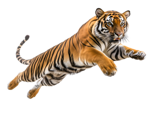 photo of a tiger floating mid-air on isolated background

