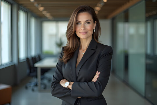 Portrait of a professional woman in a suit standing in a modern office. Mature business woman looking at the camera in a workplace meeting area.