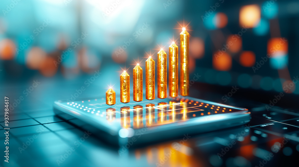 Aufkleber a vibrant illustration displays ascent in financial metrics through golden bars, symbolizing growth 
