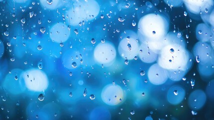 Rain showers against a blue abstract background, with soft, shimmering droplets adding depth and a sense of tranquility to the scene.