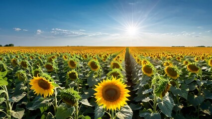Fototapeta premium Field of Sunflowers Facing the Sun