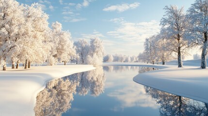 A snowy landscape with a river and trees. The water is calm and the snow is covering the ground. The scene is peaceful and serene