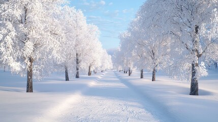 Obraz premium A snow-covered path in a forest with trees covered in snow. The scene is peaceful and serene, with the snow-covered ground and trees creating a sense of calmness and tranquility
