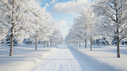 Obraz premium A snowy path with trees in the background. The trees are bare and covered in snow. The path is empty and quiet, giving a sense of solitude and peacefulness