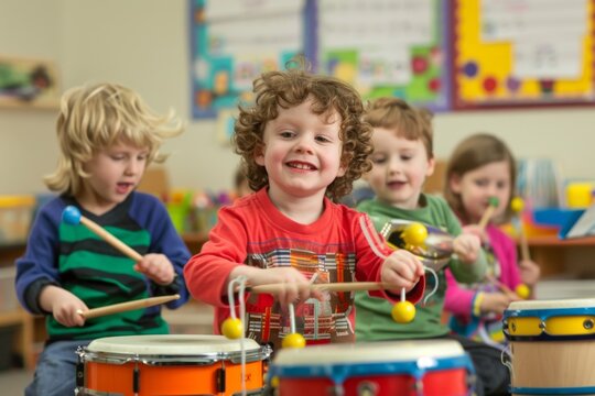 A group of preschool children are playing music in their classroom. They are smiling and having fun as they learn to play different instruments.
