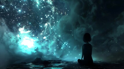 Fototapeta premium A serene figure sits in contemplation, surrounded by a cosmic landscape filled with stars and swirling clouds.