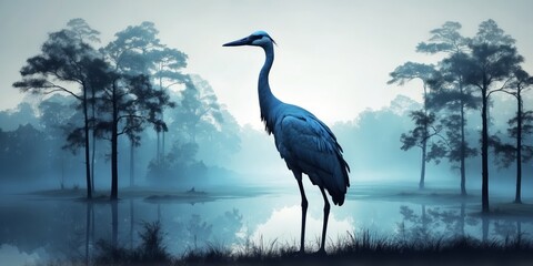 Double exposure silhouette of a blue crane with forest in the background.