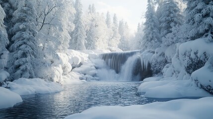 A snowy landscape with a frozen waterfall and a river. The scene is peaceful and serene, with the snow covering the trees and the water. Concept of calm and tranquility
