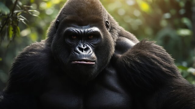 Big angry gorilla animal monster fighter in wildlife jungle or forest, dangerous mad and aggressive king kong, muscular powerful monkey beast.