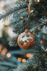 a gold ornament hanging from a christmas tree