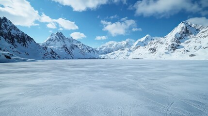 Fototapeta premium A vast, snow-covered plain with mountains in the background. The sky is clear and blue, and the mountains are covered in snow. The scene is peaceful and serene