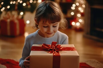 a young girl holding a christmas gift box