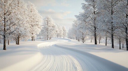Fototapeta premium A snowy road with trees in the background. The snow is white and the trees are bare