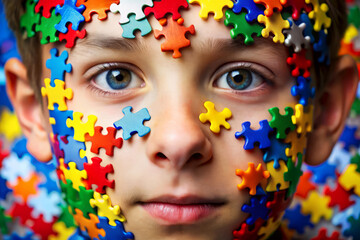 Colorful puzzle pieces on a child's face, autism awareness