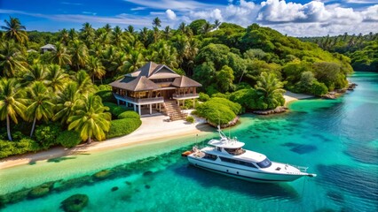 Fototapeta premium Opulent villa surrounded by lush greenery and turquoise lagoon, with sleek yacht and powdery white sand beach in the background, exuding serene luxury.